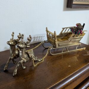 Vintage Solid Brass Reindeer & Santa’s Sleigh Christmas Decor Set Deer Holiday